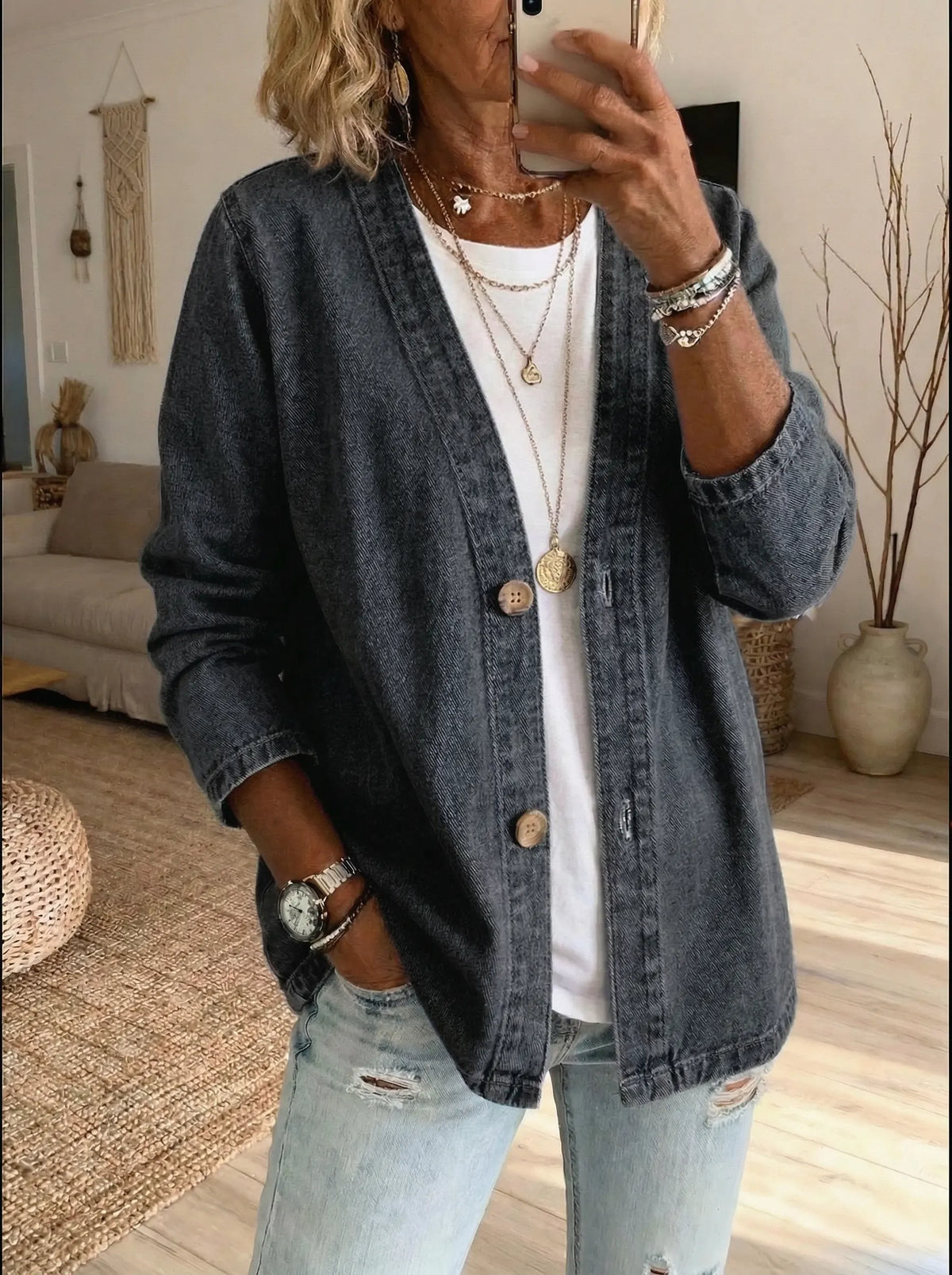 Roxane - Veste en jean femme légère, boutonnée devant