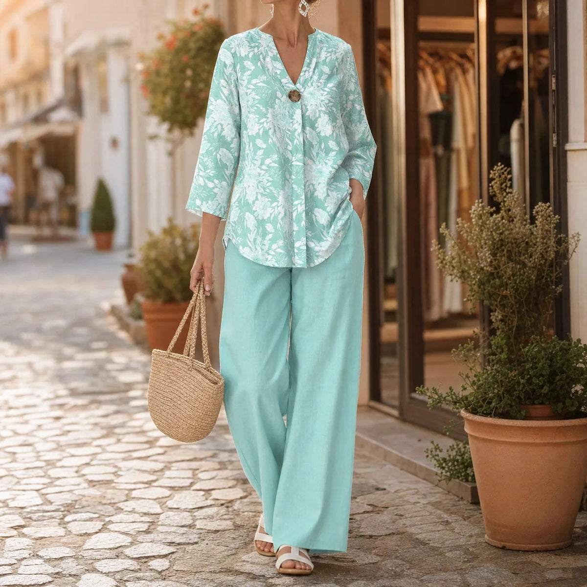 Valentine - Ensemble femme tunique fleurie et pantalon