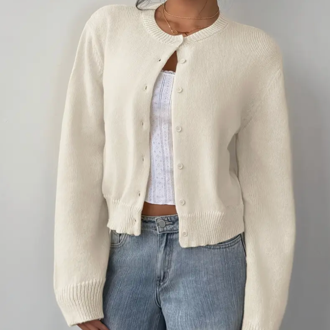 Hortense - Cardigan court femme, col rond, boutons