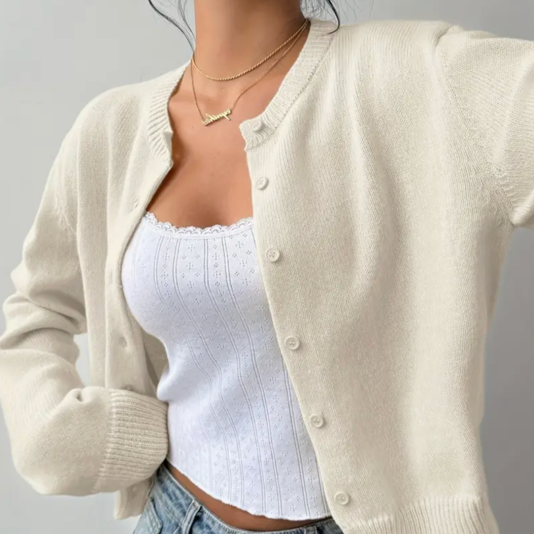 Hortense - Cardigan court femme, col rond, boutons