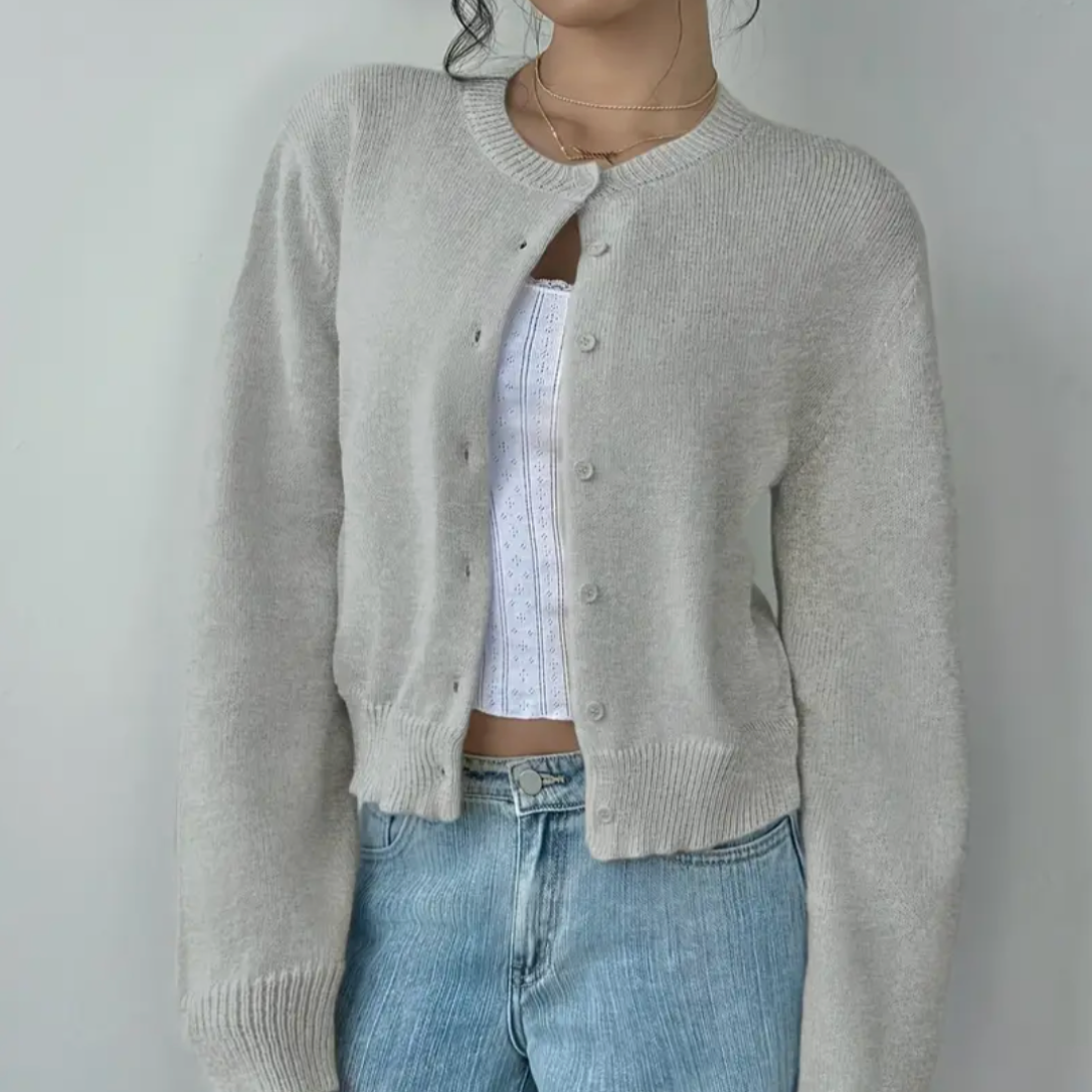 Hortense - Cardigan court femme, col rond, boutons
