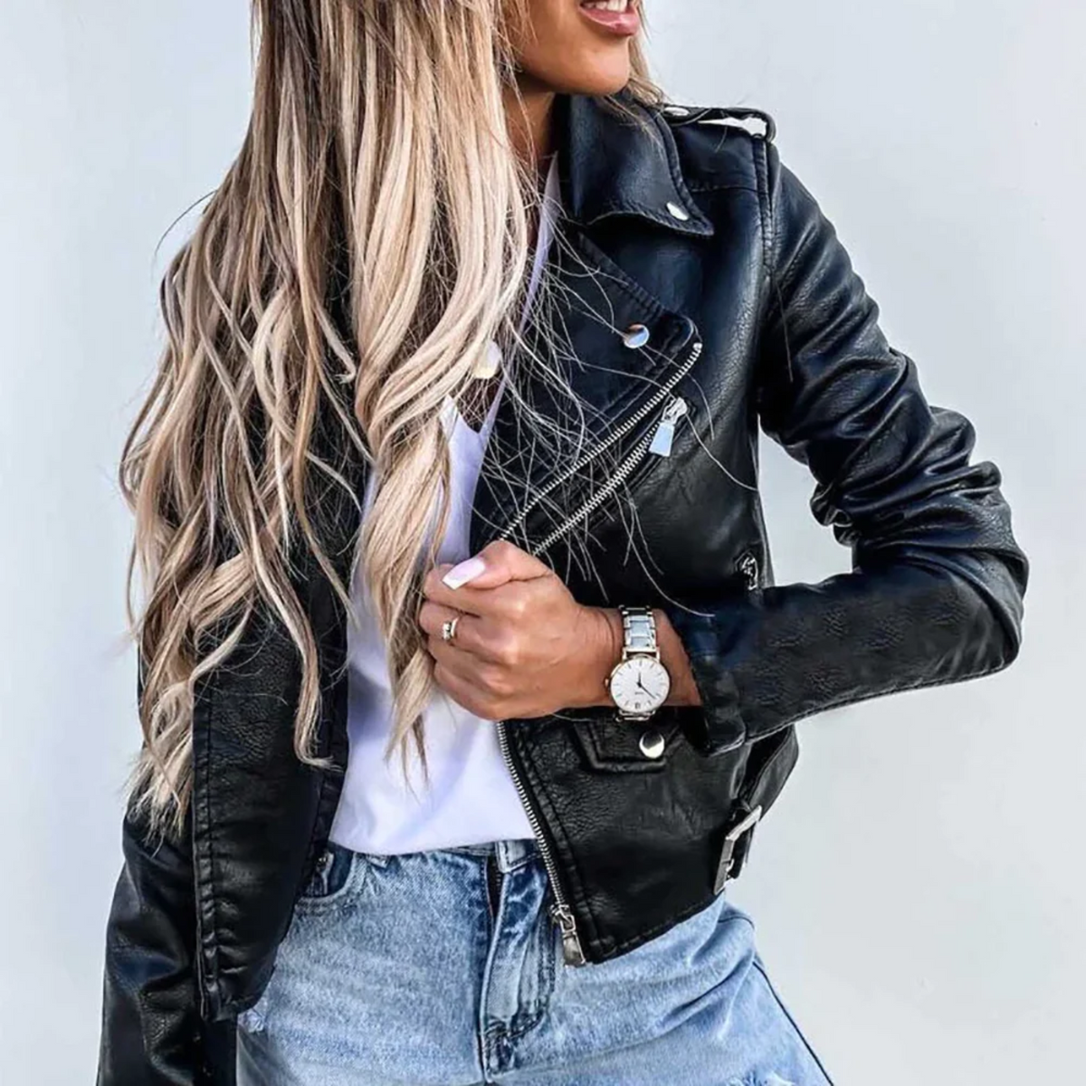 Léonie - Veste motard femme, aspect cuir, poches zippées