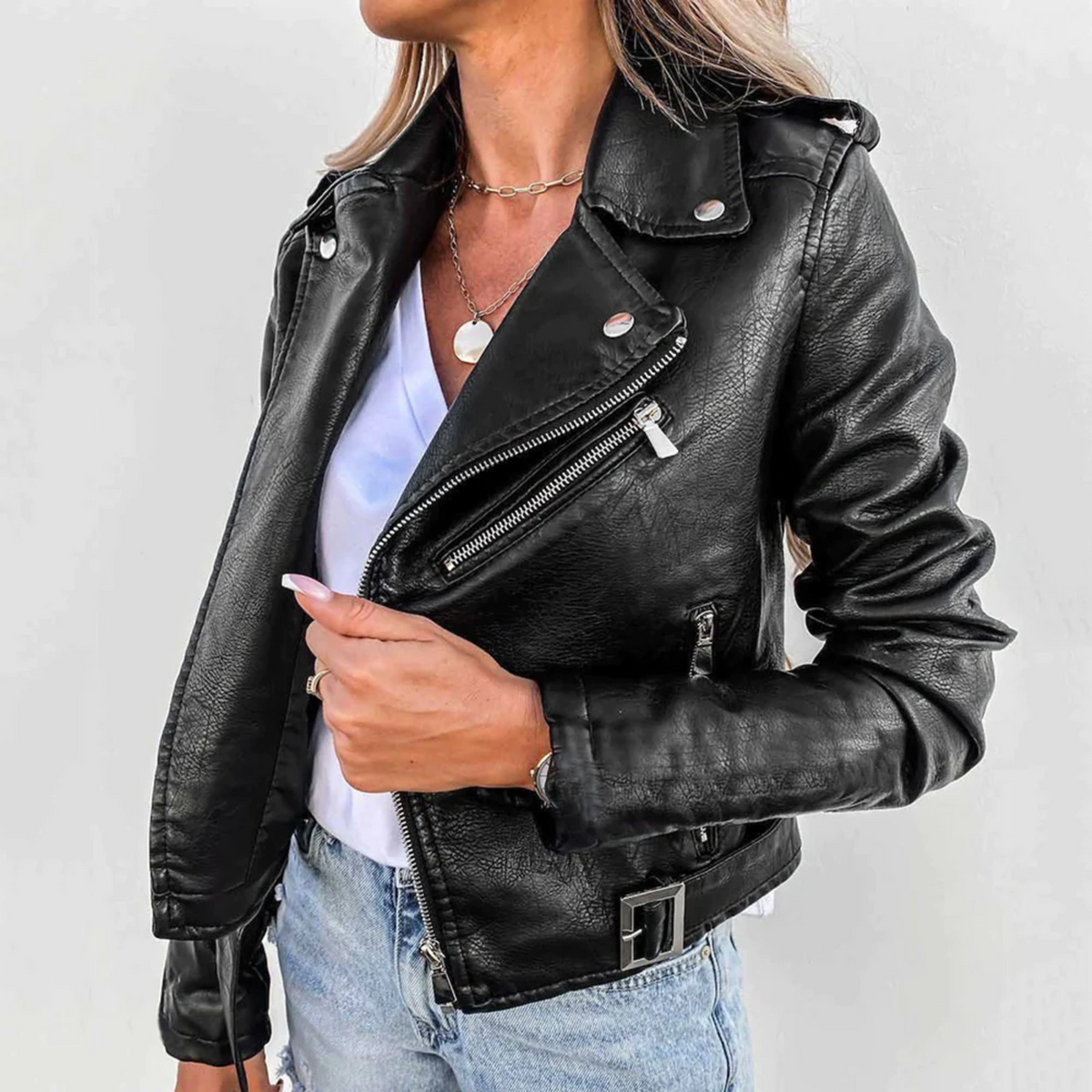 Léonie - Veste motard femme, aspect cuir, poches zippées