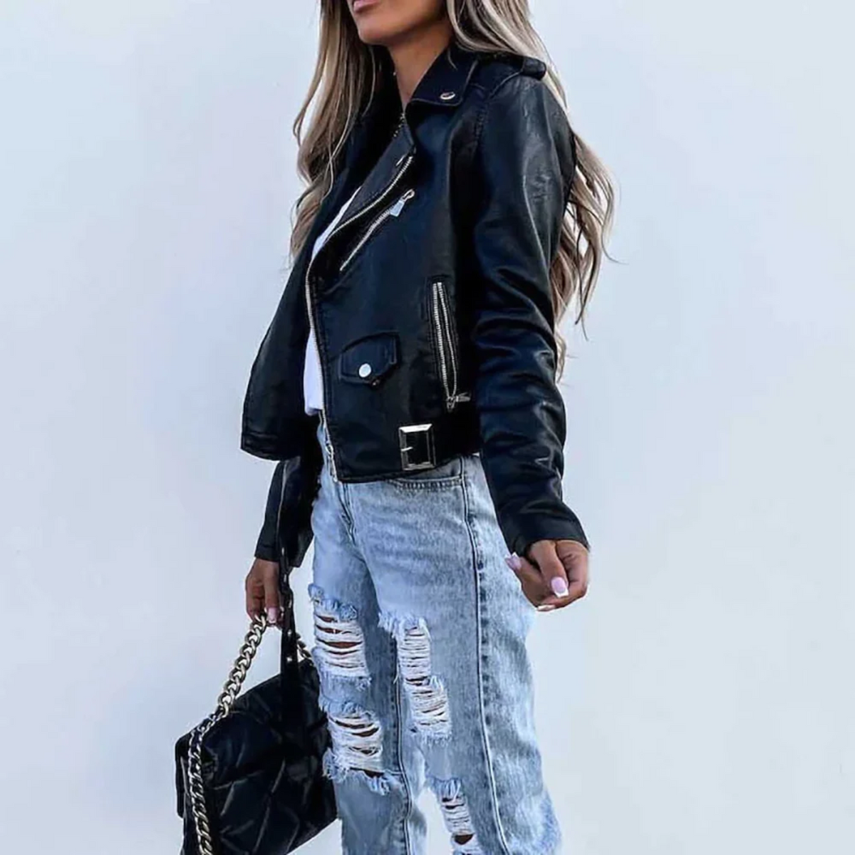 Léonie - Veste motard femme, aspect cuir, poches zippées