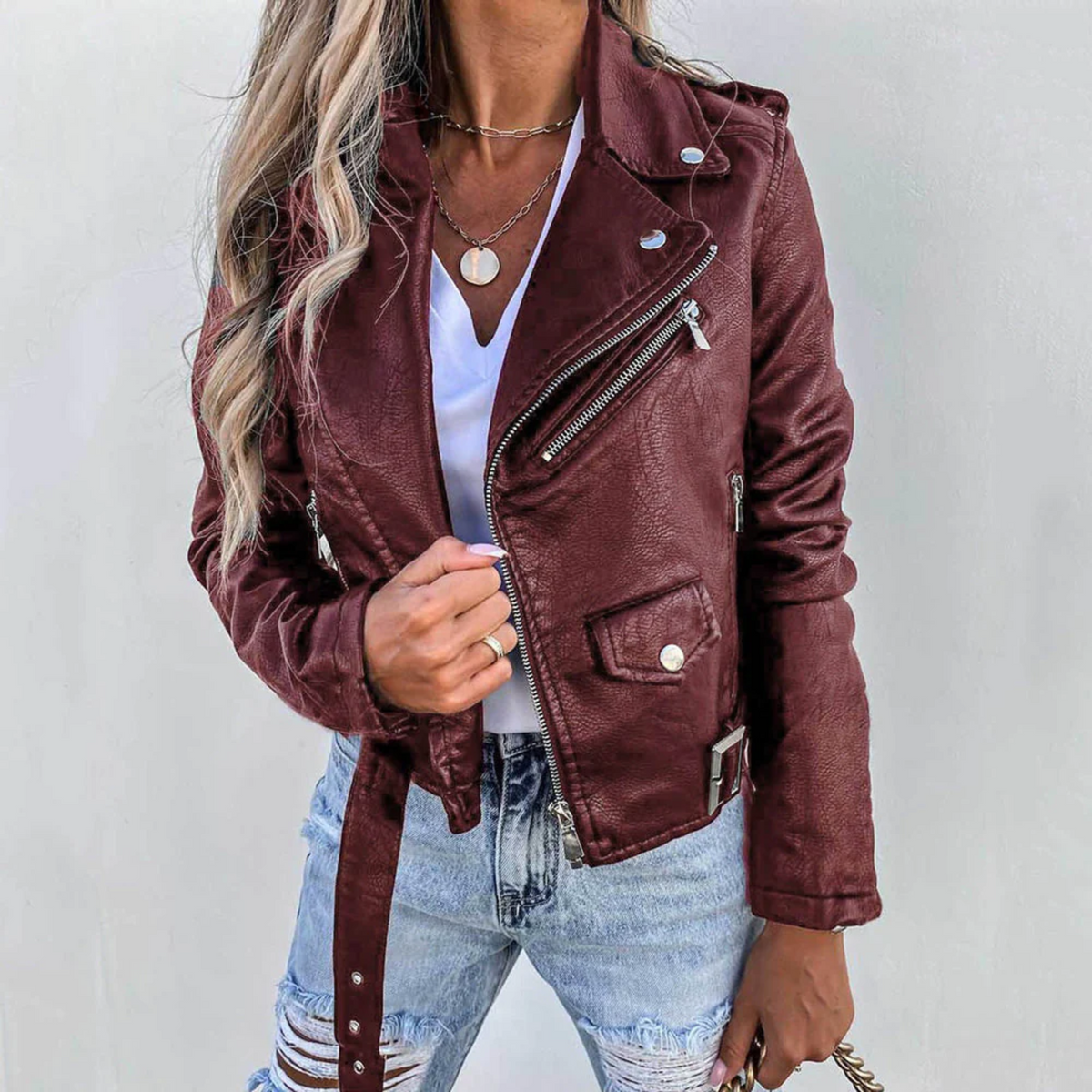 Léonie - Veste motard femme, aspect cuir, poches zippées