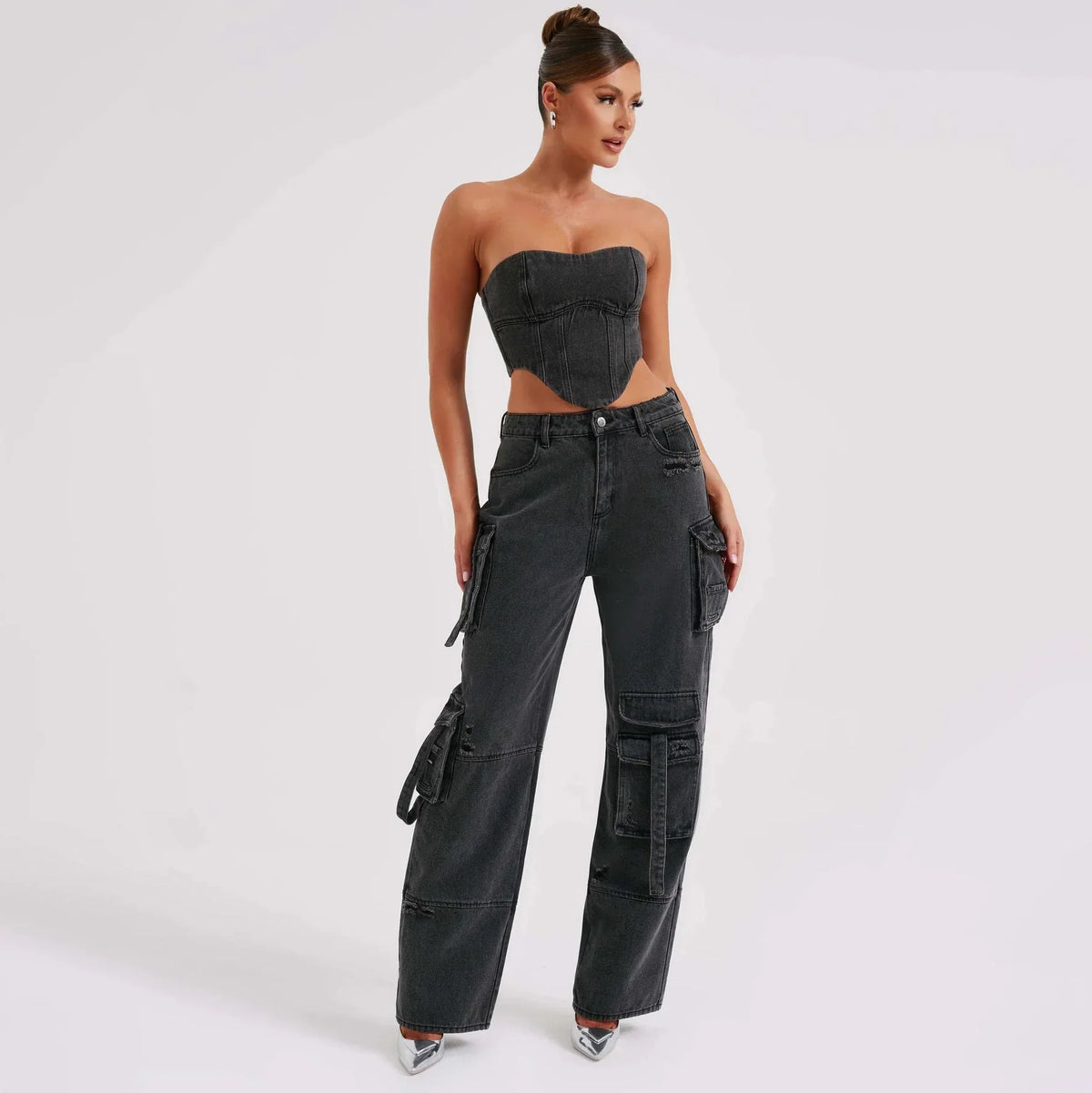 Camille - Jean cargo femme taille basse, effet usé