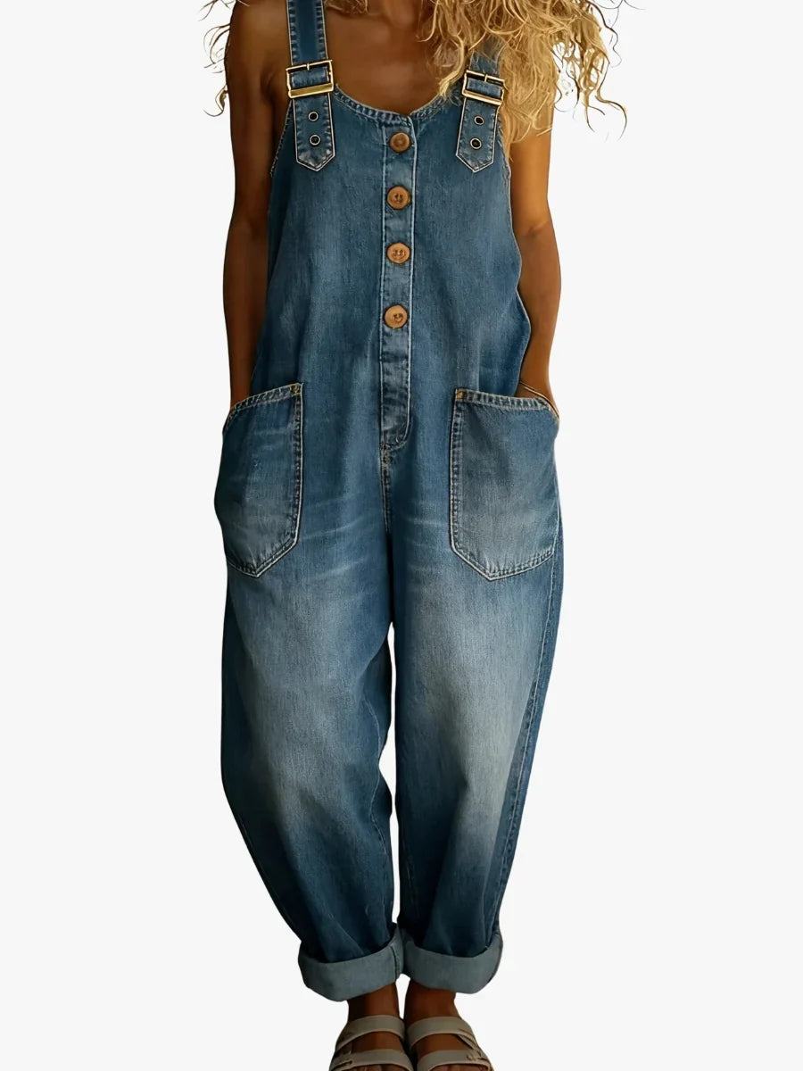Jade - Salopette femme large en denim, boutonnée
