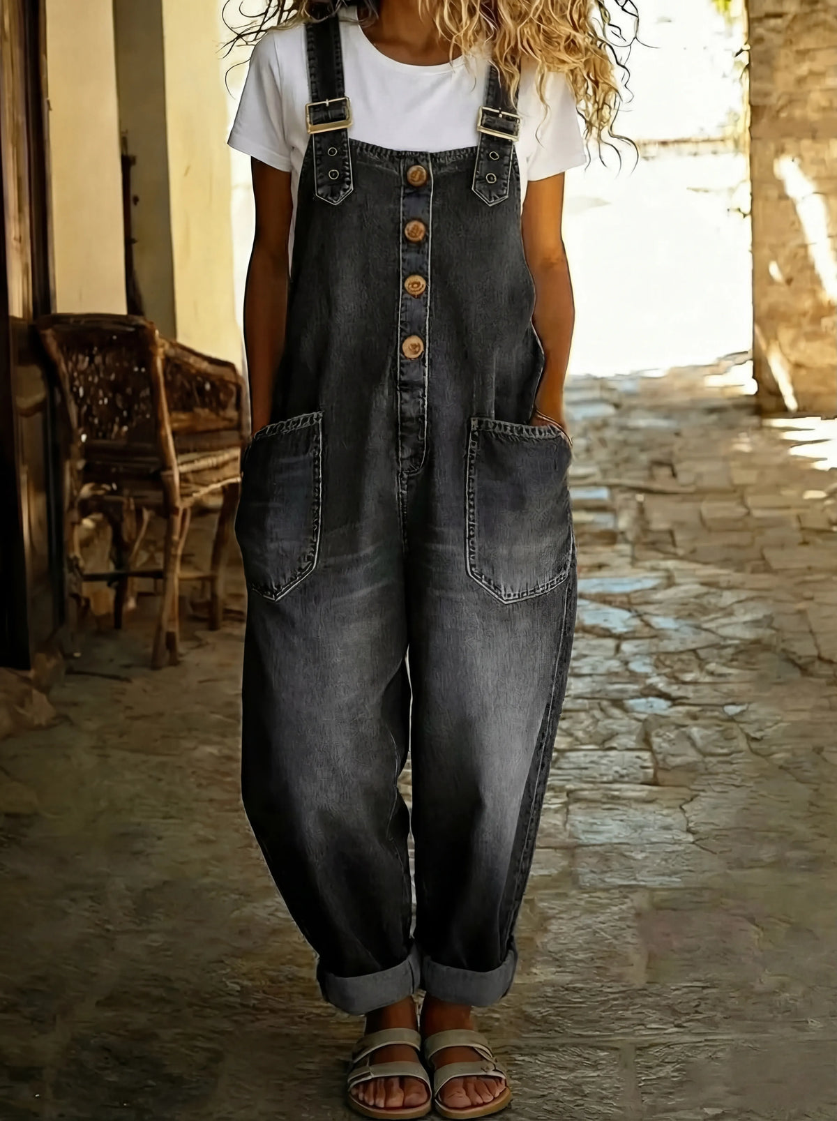 Jade - Salopette femme large en denim, boutonnée