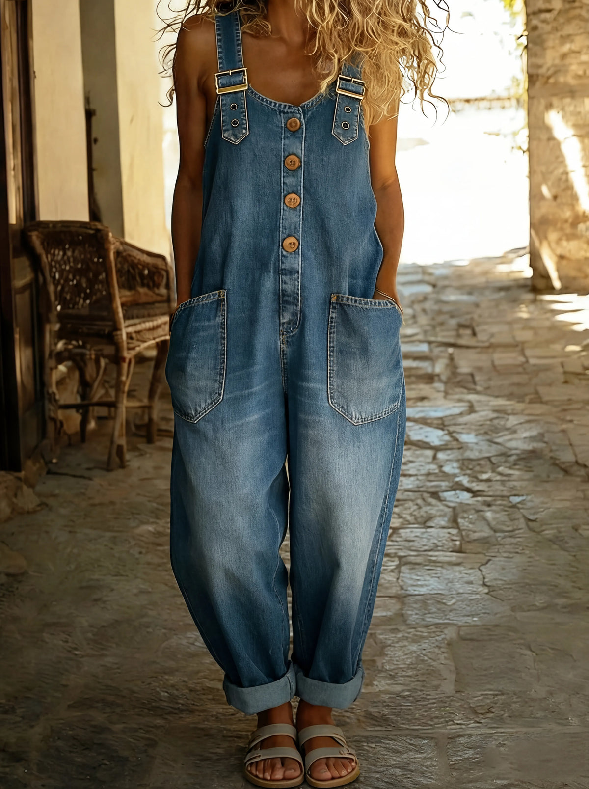 Jade - Salopette femme large en denim, boutonnée