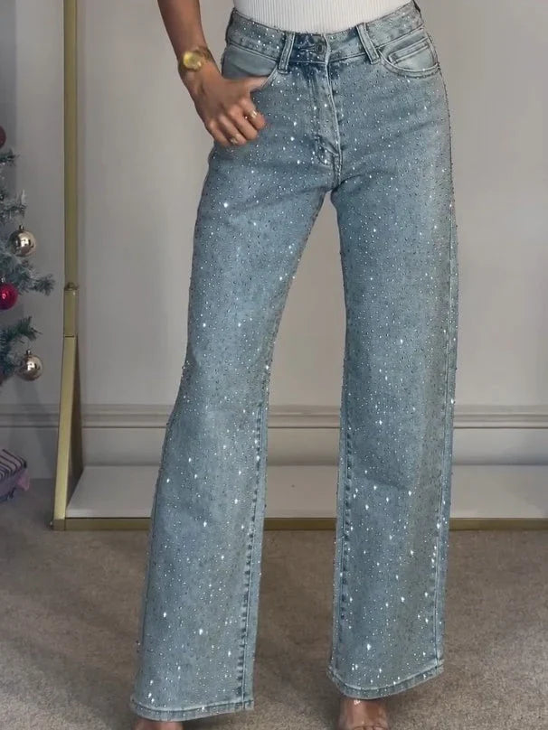 Clara - Jean femme large taille haute, strass