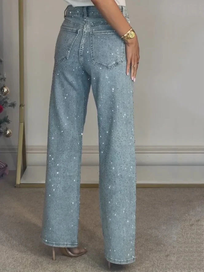 Clara - Jean femme large taille haute, strass