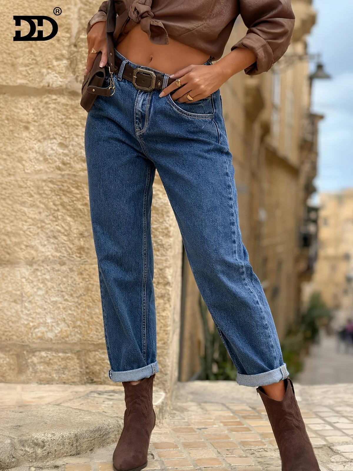 Anaïs - Jean mom femme taille haute, ourlet revers