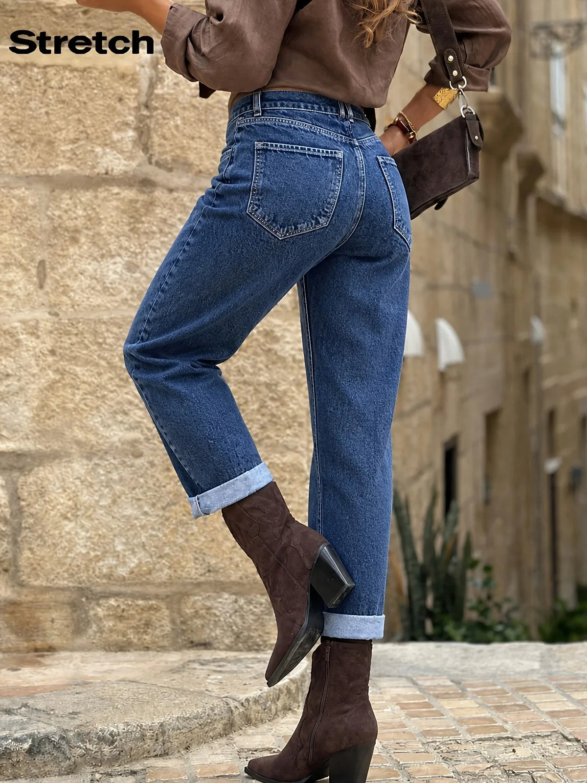 Anaïs - Jean mom femme taille haute, ourlet revers
