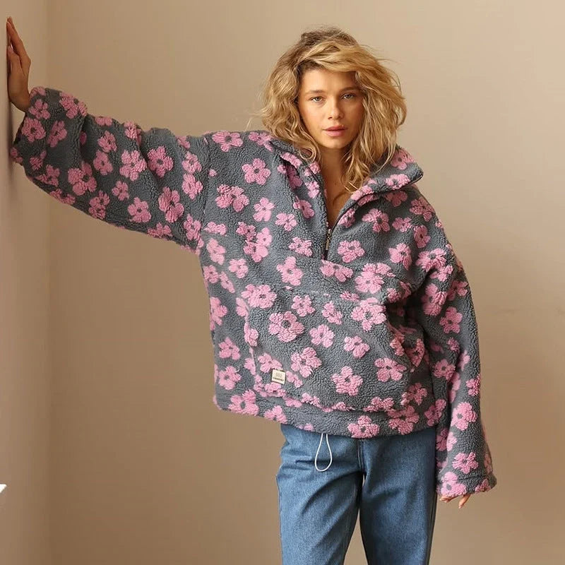 Sabine - Pull femme zippé, maille fleurie