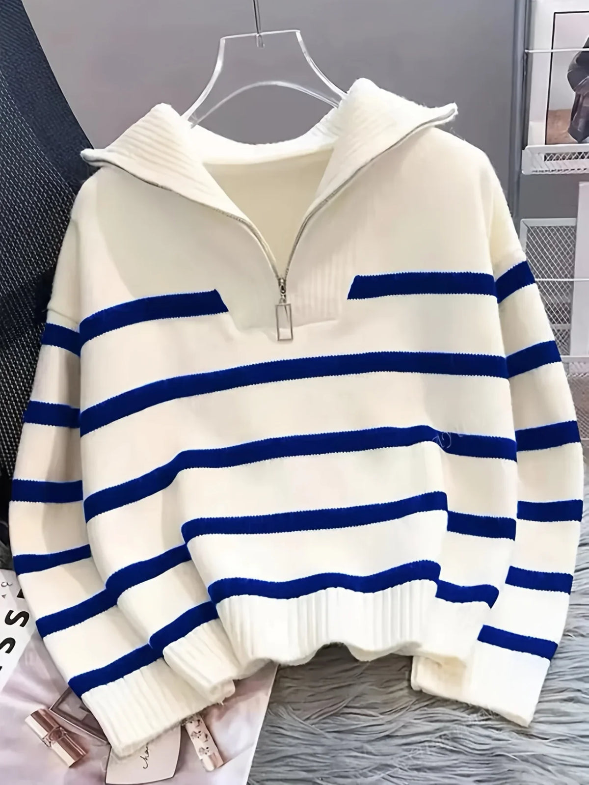 Viviane - Pull femme zippé, maille côtelée rayée