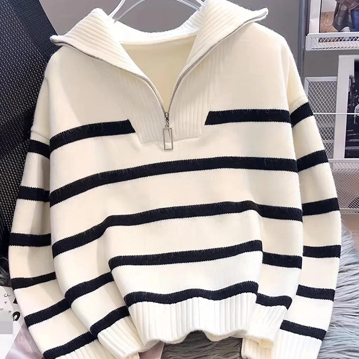 Viviane - Pull femme zippé, maille côtelée rayée