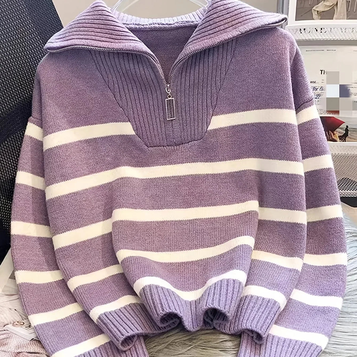 Viviane - Pull femme zippé, maille côtelée rayée