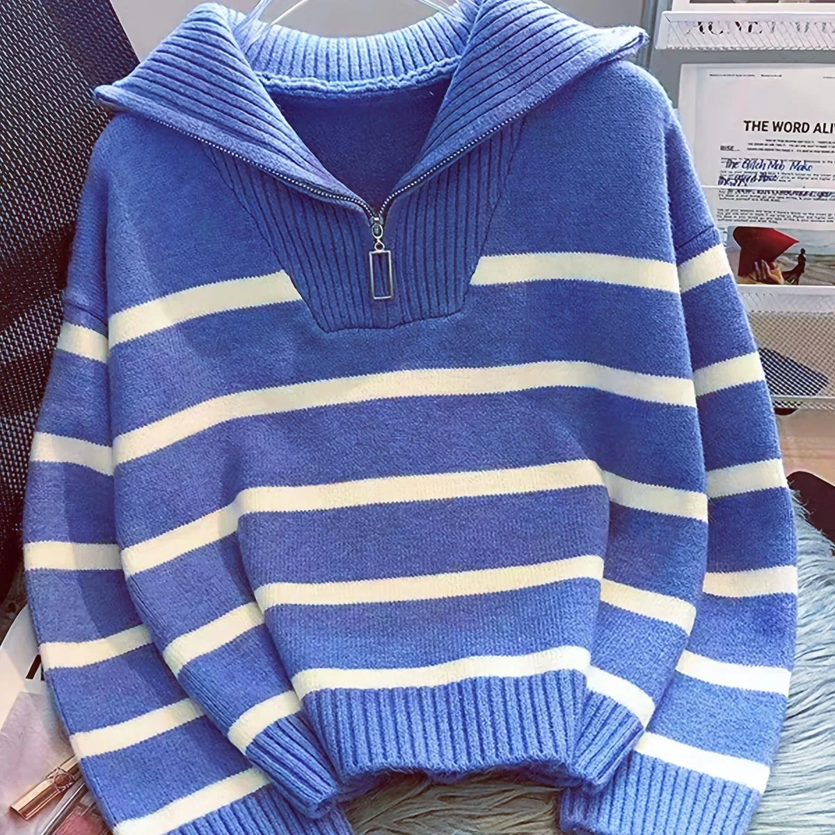 Viviane - Pull femme zippé, maille côtelée rayée