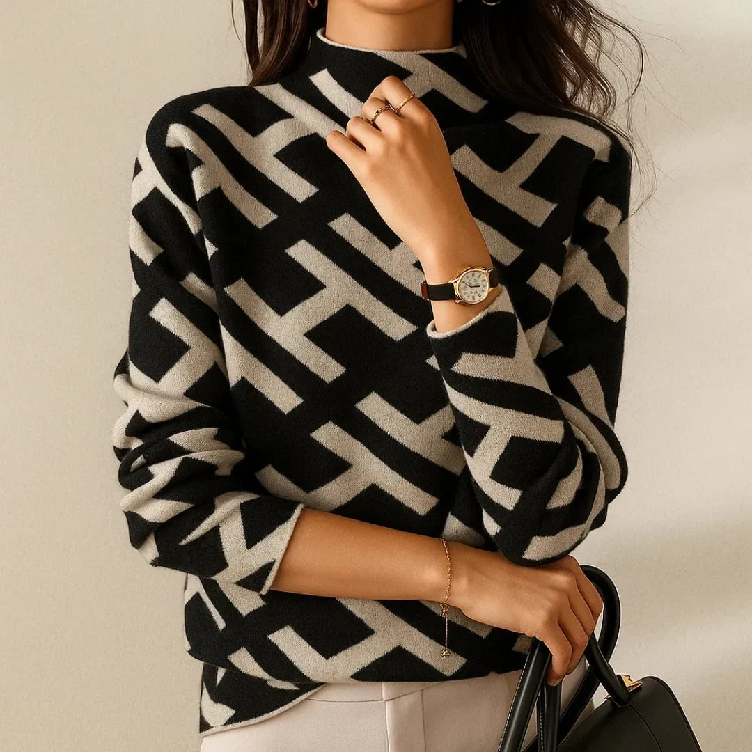 Ninon - Pull femme col montant, maille géométrique