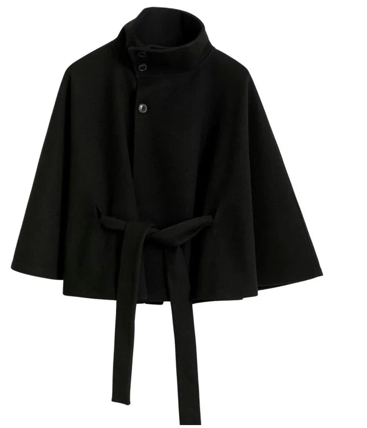 Adèle - Manteau en laine femme, col haut, cape ceinturée