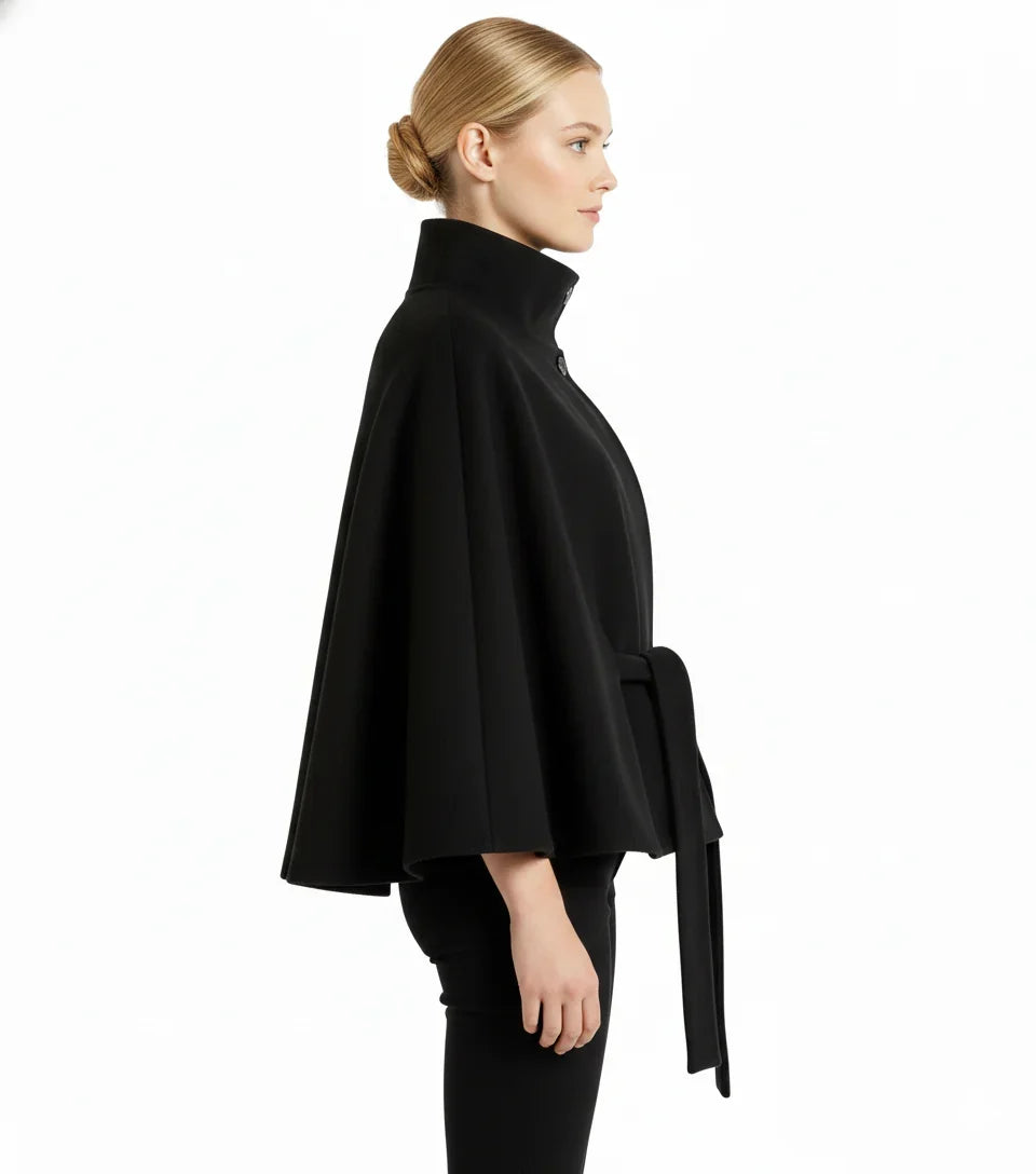 Adèle - Manteau en laine femme, col haut, cape ceinturée