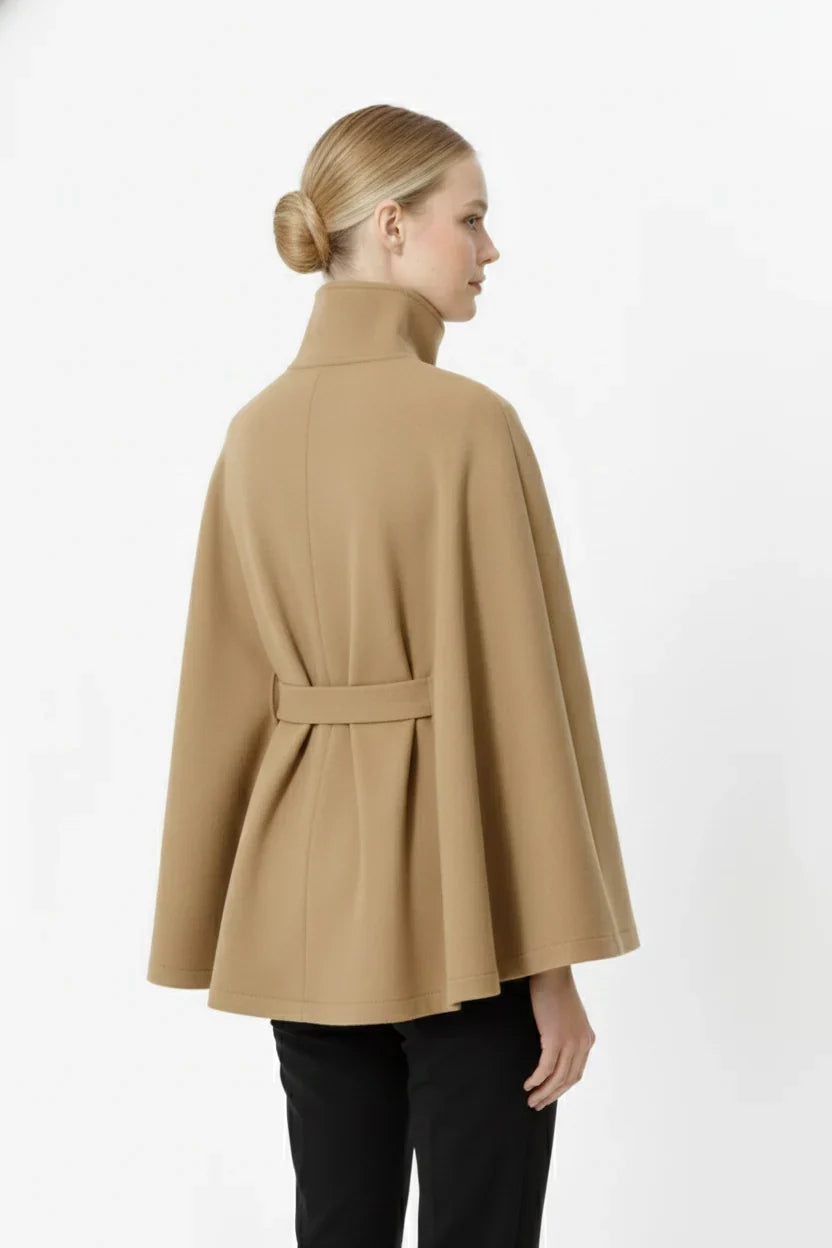 Adèle - Manteau en laine femme, col haut, cape ceinturée