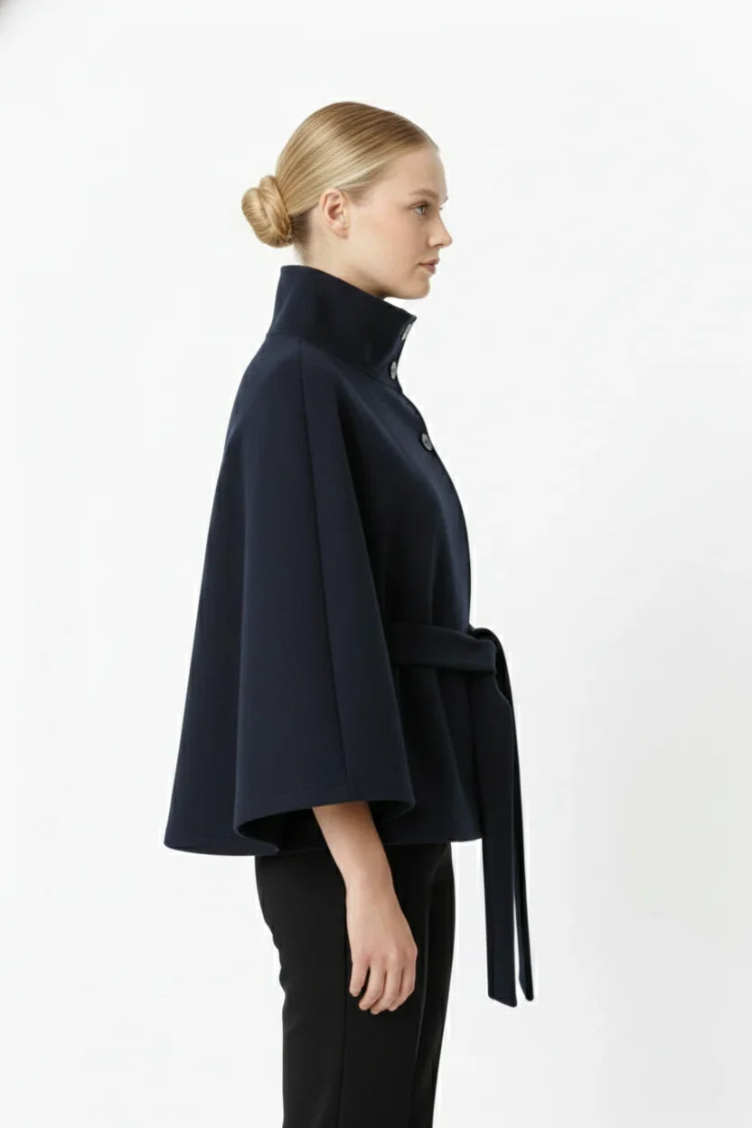 Adèle - Manteau en laine femme, col haut, cape ceinturée