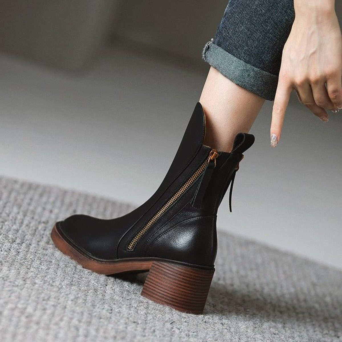 Romane - Bottines femme aspect cuir, zip et talon