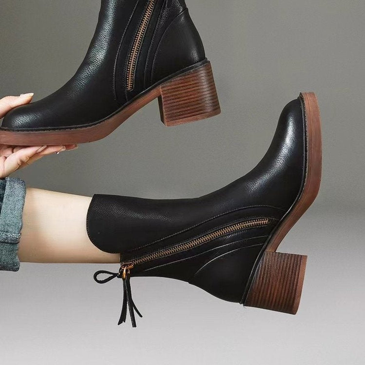 Romane - Bottines femme aspect cuir, zip et talon