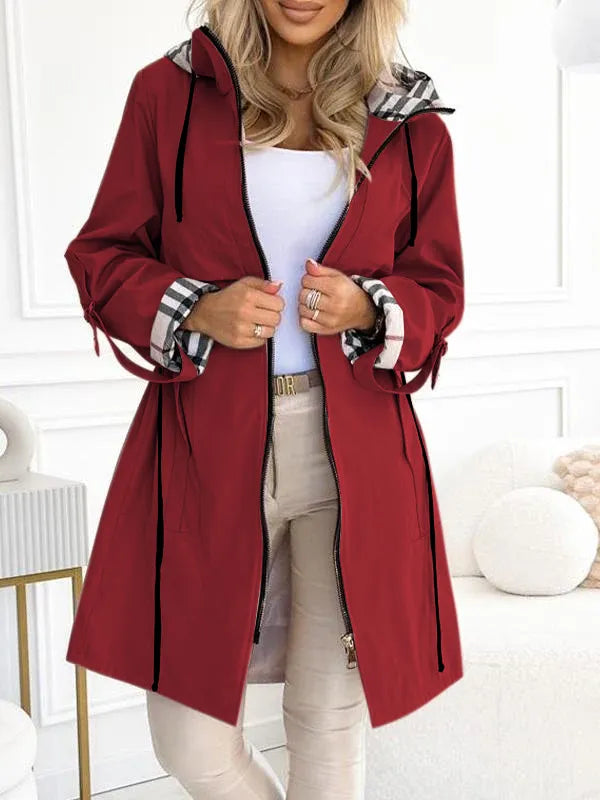 Manon | Manteau Long à Carreaux, Capuche et Cordon Ajustable