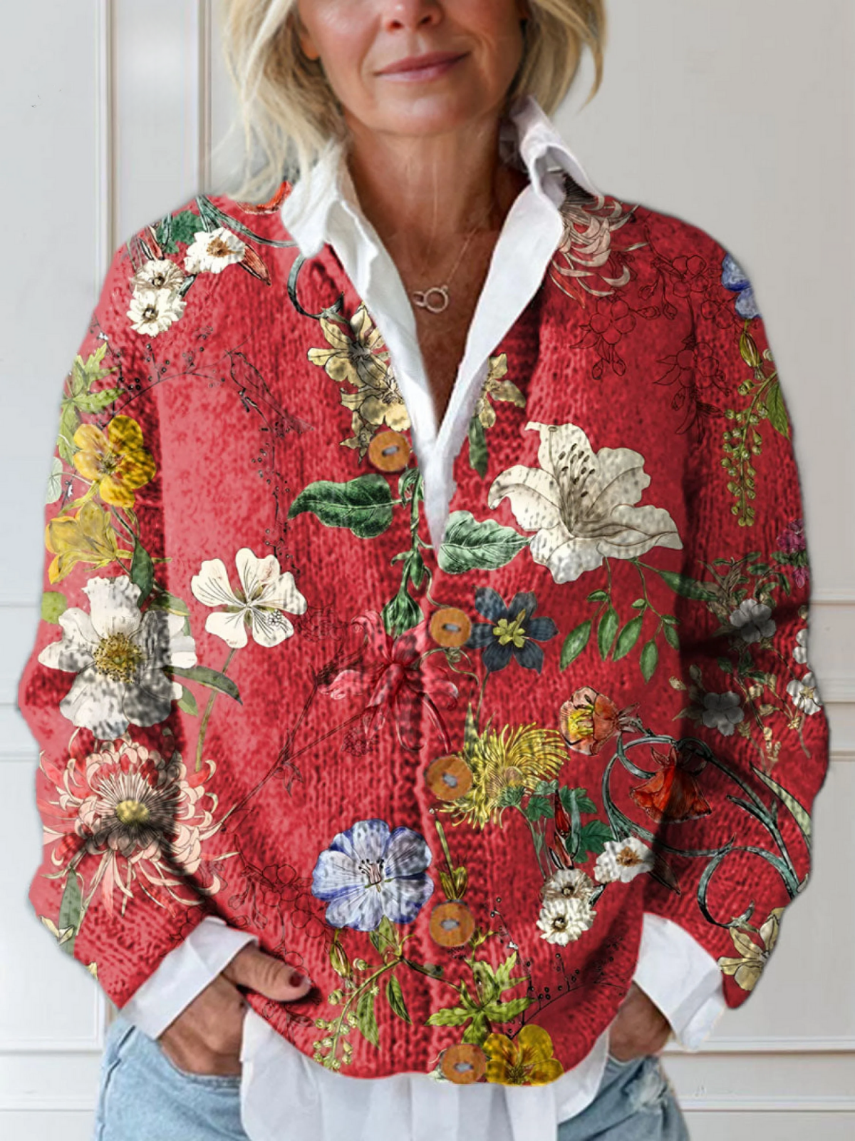 Gaëlle - Cardigan femme fleuri vintage, boutons