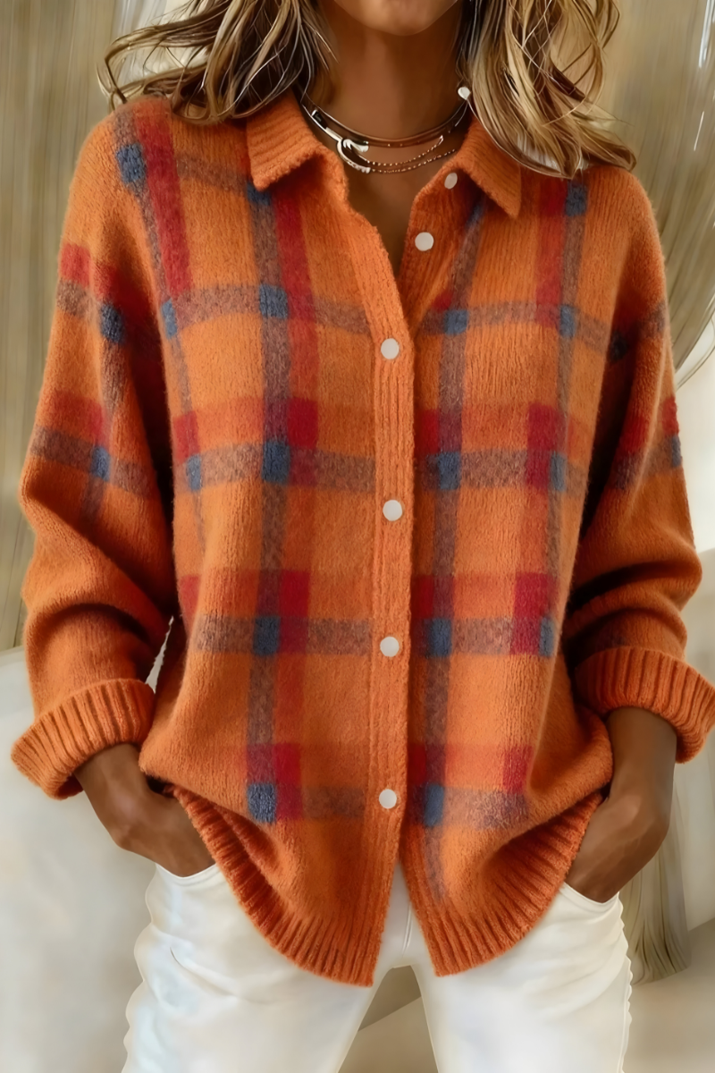 Pénélope - Cardigan femme à carreaux, maille douce