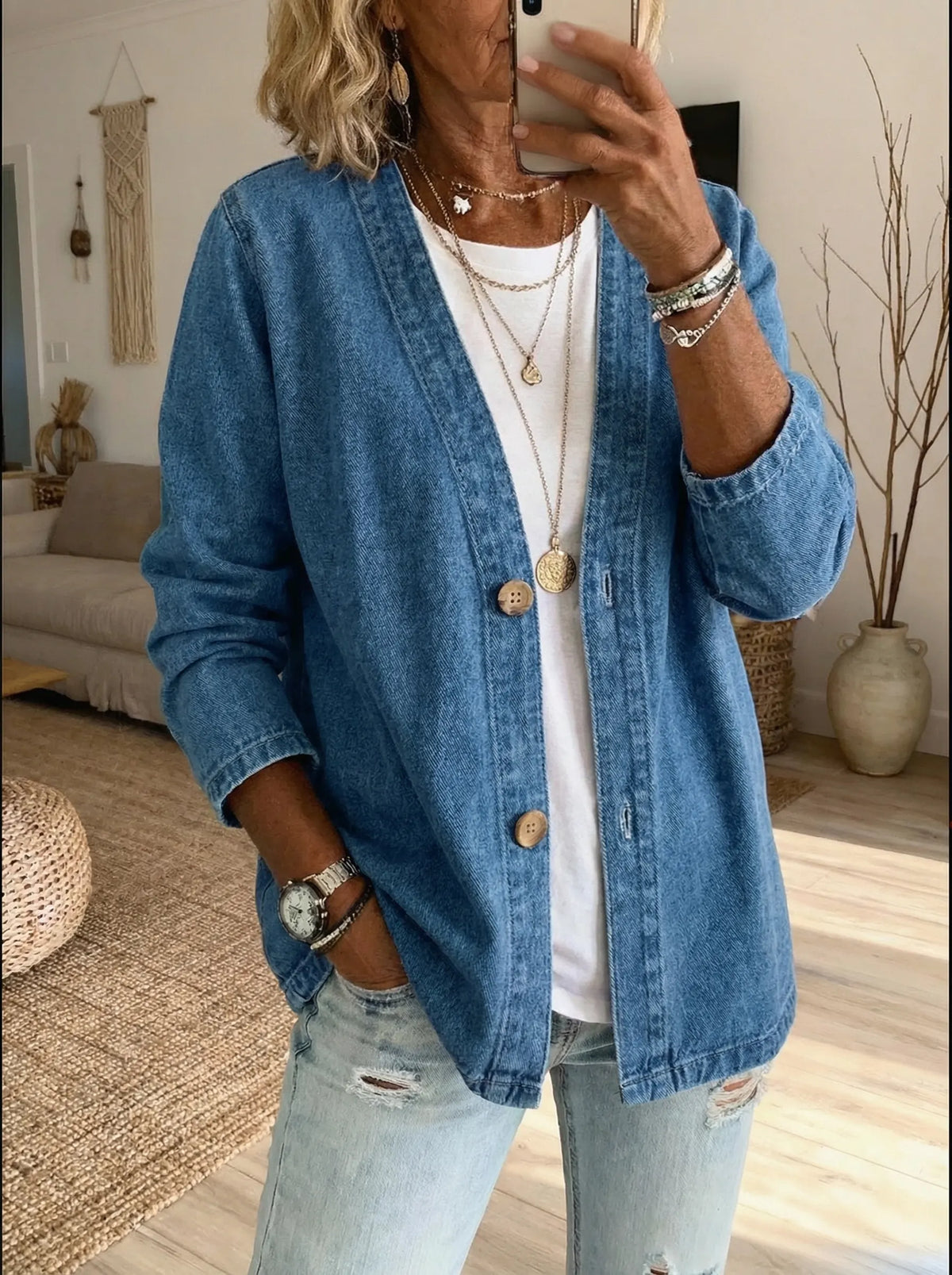 Roxane - Veste en jean femme légère, boutonnée devant