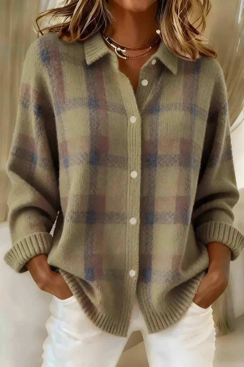 Pénélope - Cardigan femme à carreaux, maille douce