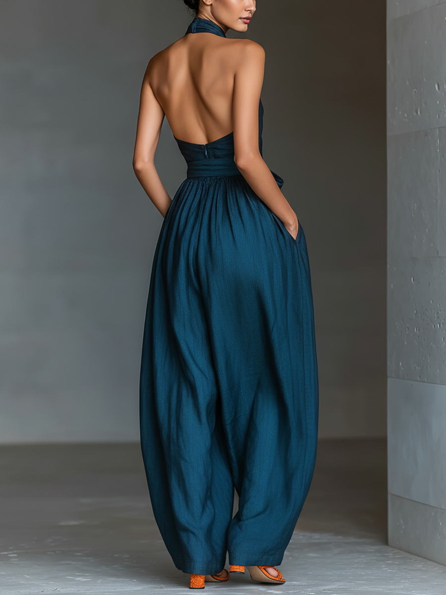 Garance - Combinaison femme marine, col croisé, jambe large