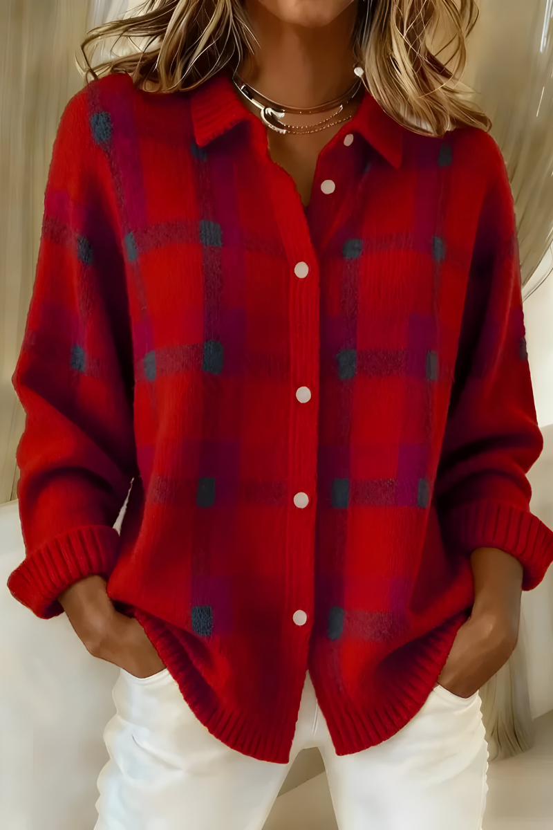 Pénélope - Cardigan femme à carreaux, maille douce