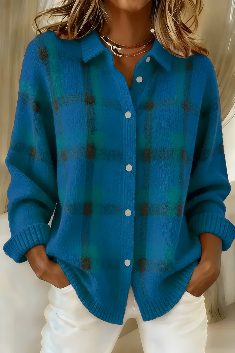 Pénélope - Cardigan femme à carreaux, maille douce