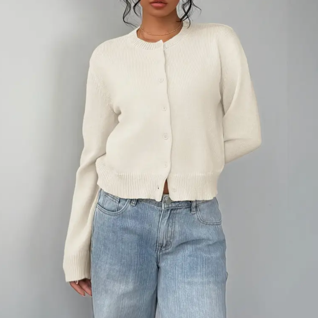 Hortense - Cardigan court femme, col rond, boutons