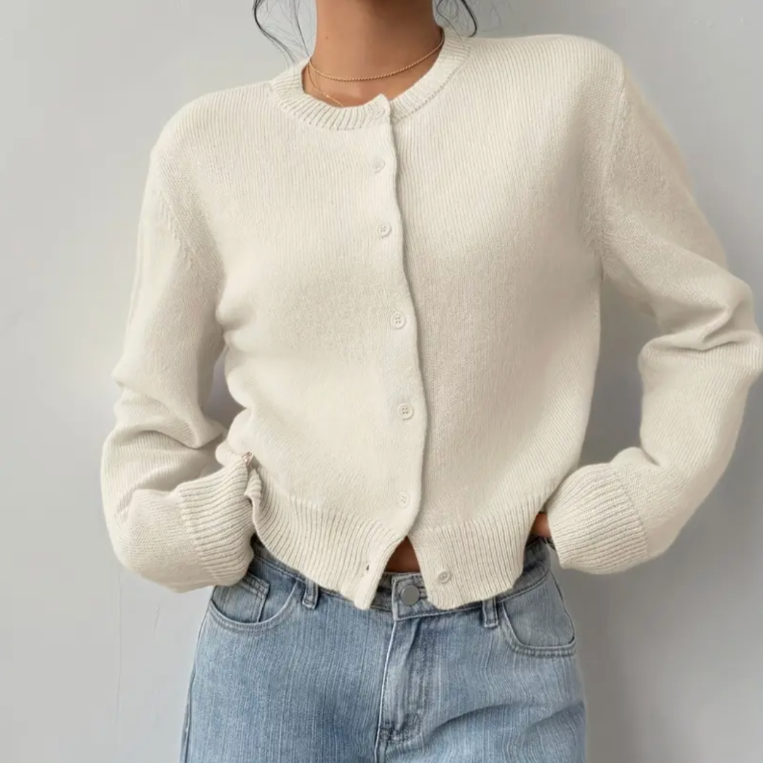 Hortense - Cardigan court femme, col rond, boutons