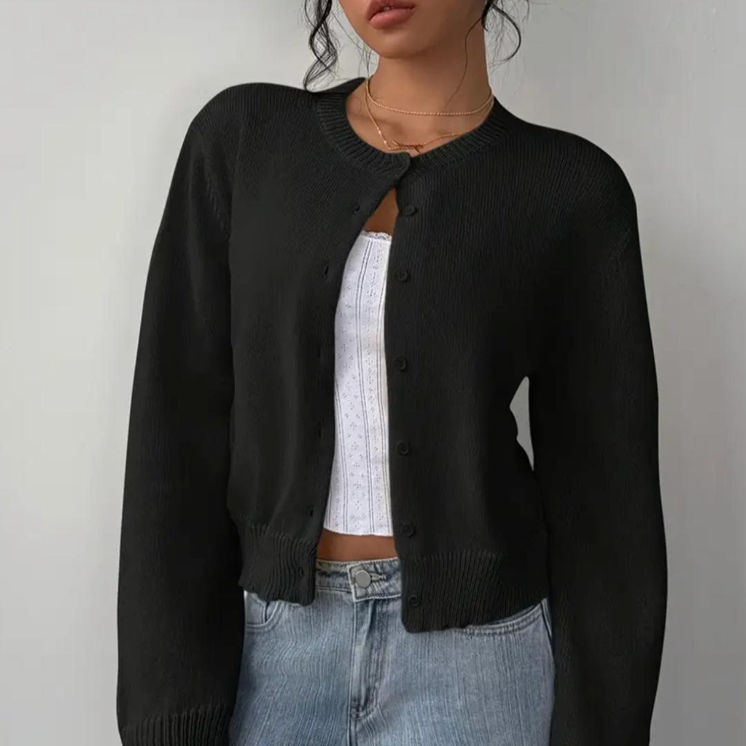 Hortense - Cardigan court femme, col rond, boutons