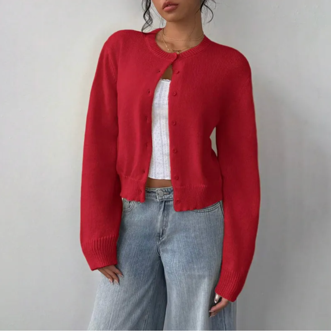 Hortense - Cardigan court femme, col rond, boutons