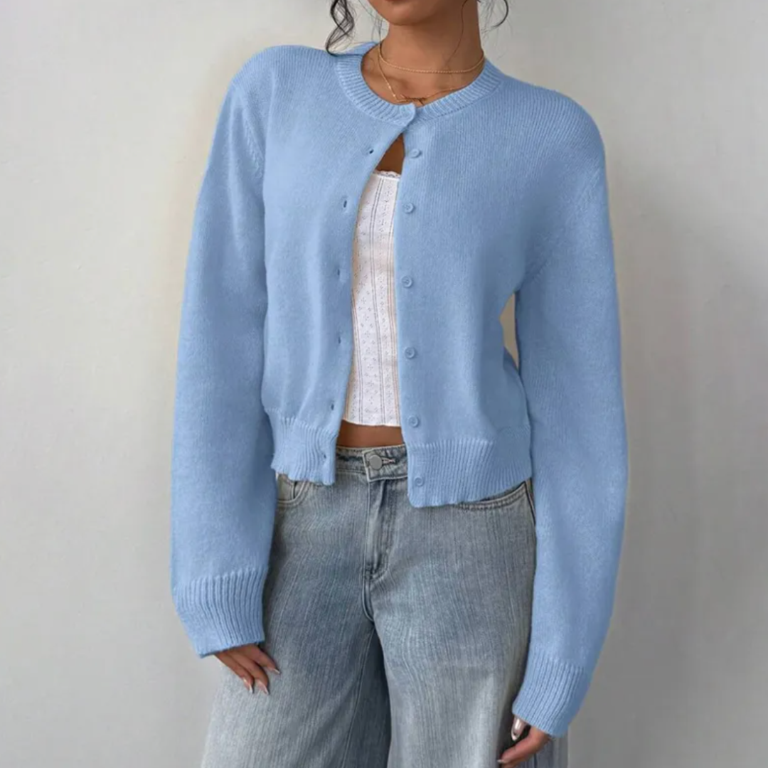 Hortense - Cardigan court femme, col rond, boutons