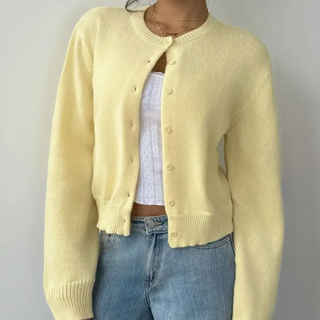 Hortense - Cardigan court femme, col rond, boutons