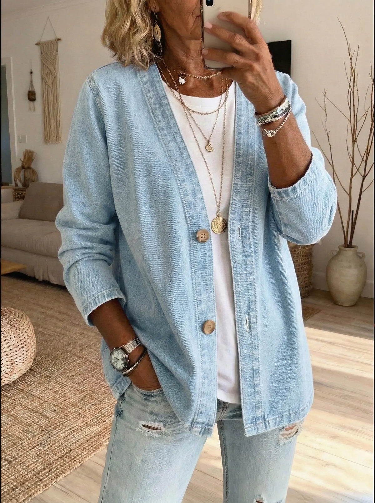 Roxane - Veste en jean femme légère, boutonnée devant