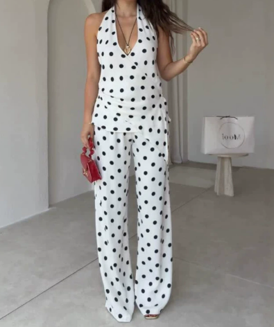 Aurore - Ensemble femme à pois, col V, jambe large