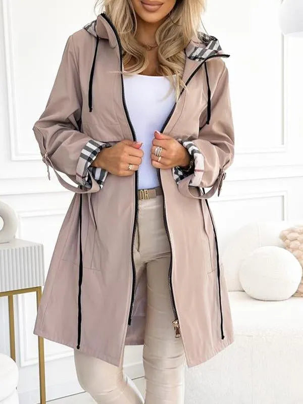 Manon | Manteau Long à Carreaux, Capuche et Cordon Ajustable