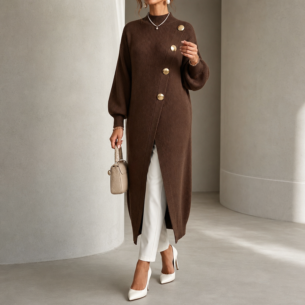 Camille | Cardigan Asymétrique à Boutons Dorés et Manches Bishop