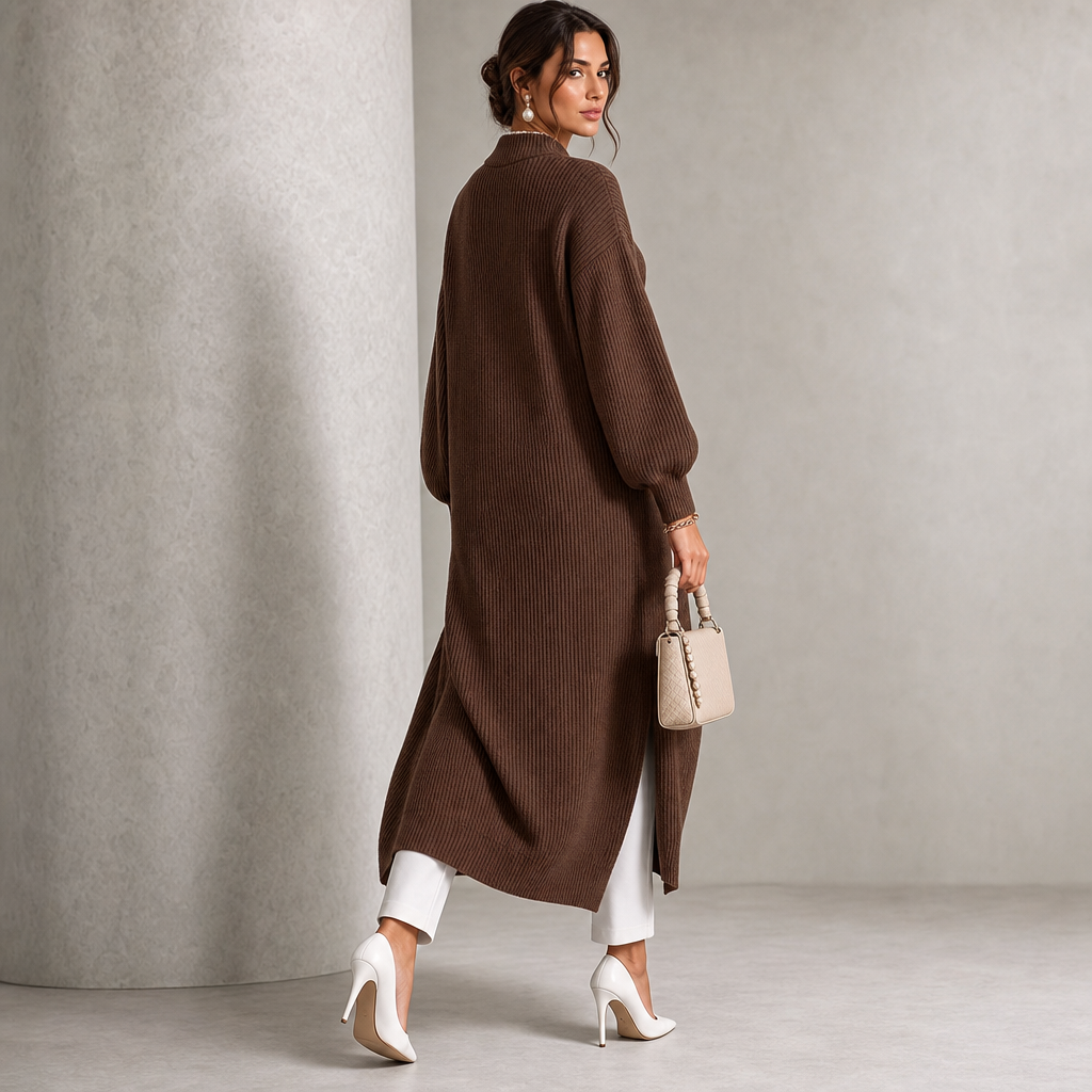 Camille | Cardigan Asymétrique à Boutons Dorés et Manches Bishop