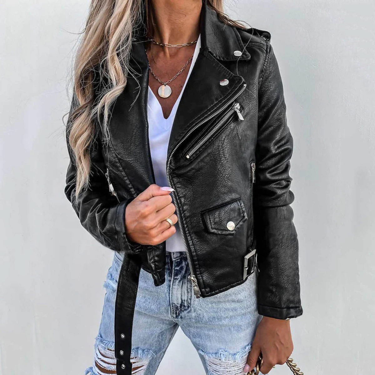 Léonie - Veste motard femme, aspect cuir, poches zippées