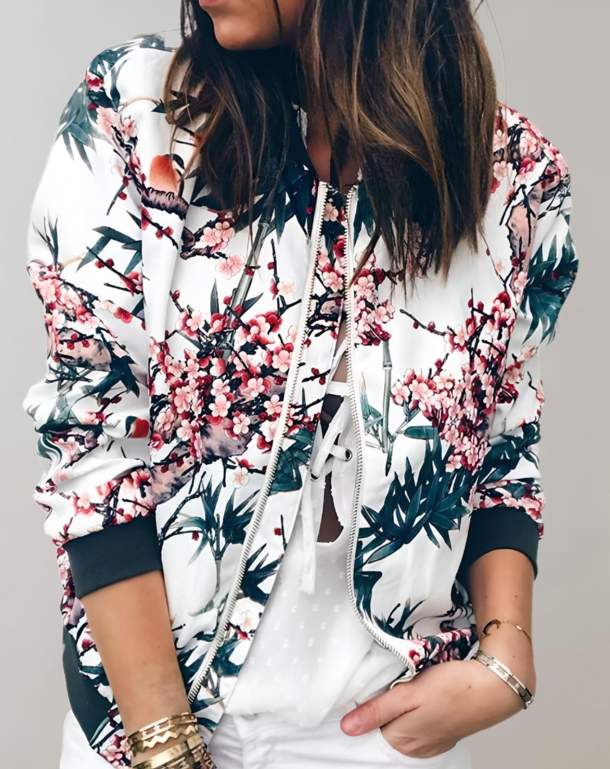 Faustine - Blouson bomber femme fleuri, zippé poignets côtelés